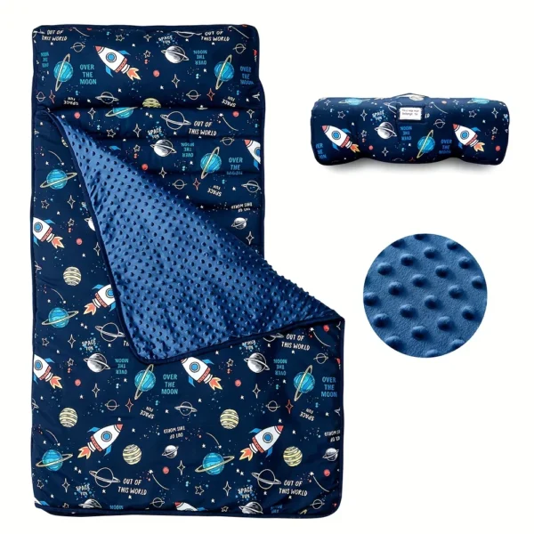 Tapis de sieste enfant 3-en-1 bleu avec couverture minky et oreiller pour la maternelle