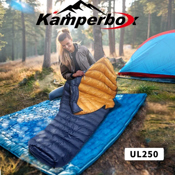 Sac de couchage ultra-léger type momie en duvet naturel bleu, jumelable et compact, pour randonnée et bivouac
